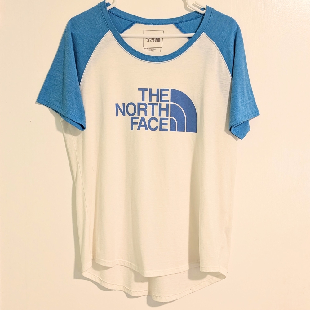 The North Face Women's Blue And White Short Sleeve Baseball Tee Shirt Size Large